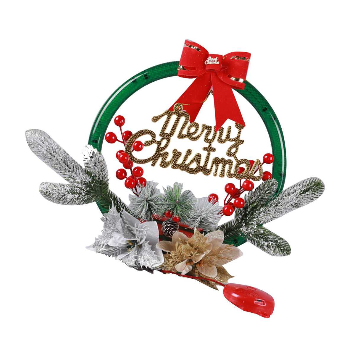 Christmas Wreath Light Decoration Artificial Red Berry Pine Needle LED Lighted Christmas Wreath Decor Gold Silver Flower