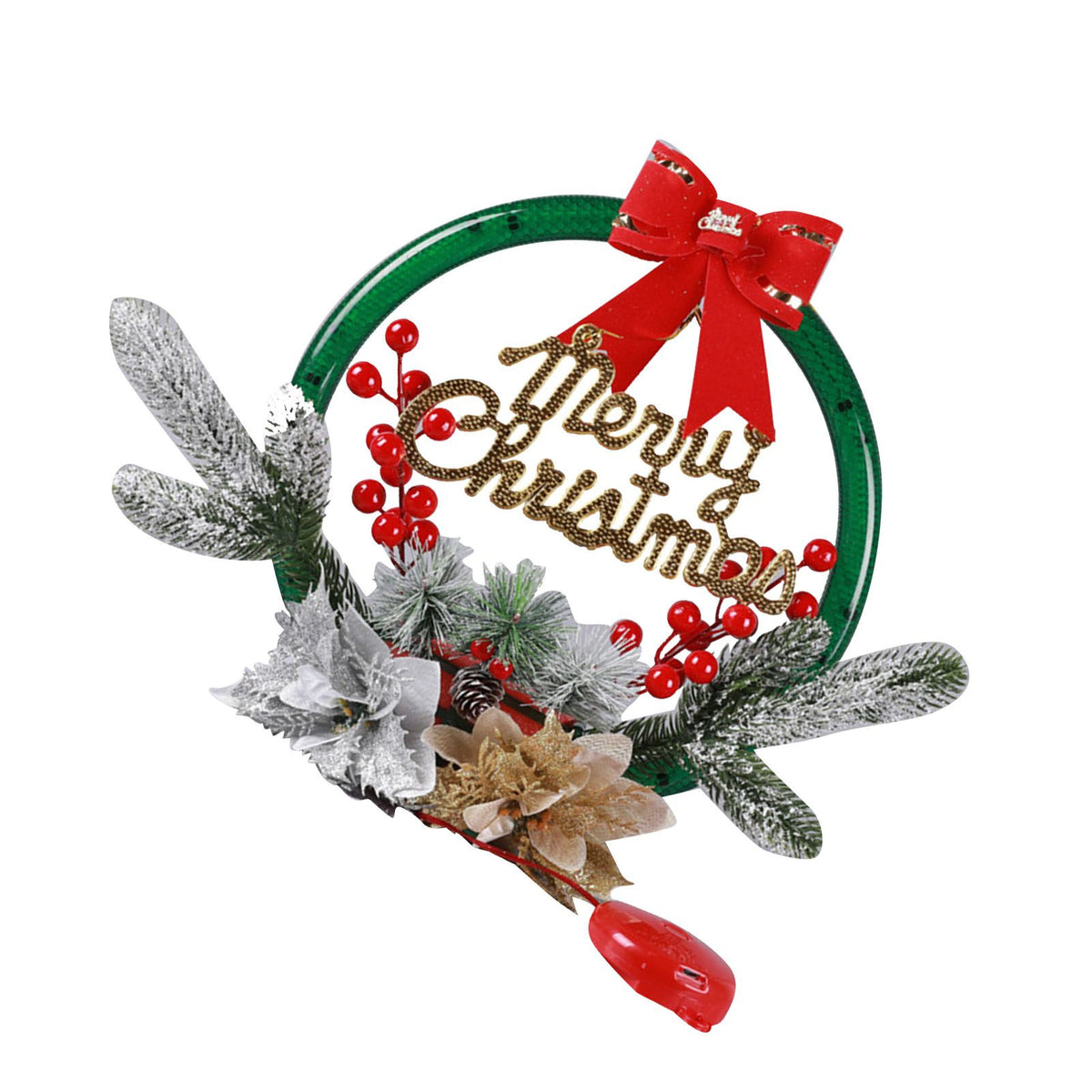 Christmas Wreath Light Decoration Artificial Red Berry Pine Needle LED Lighted Christmas Wreath Decor Gold Silver Flower