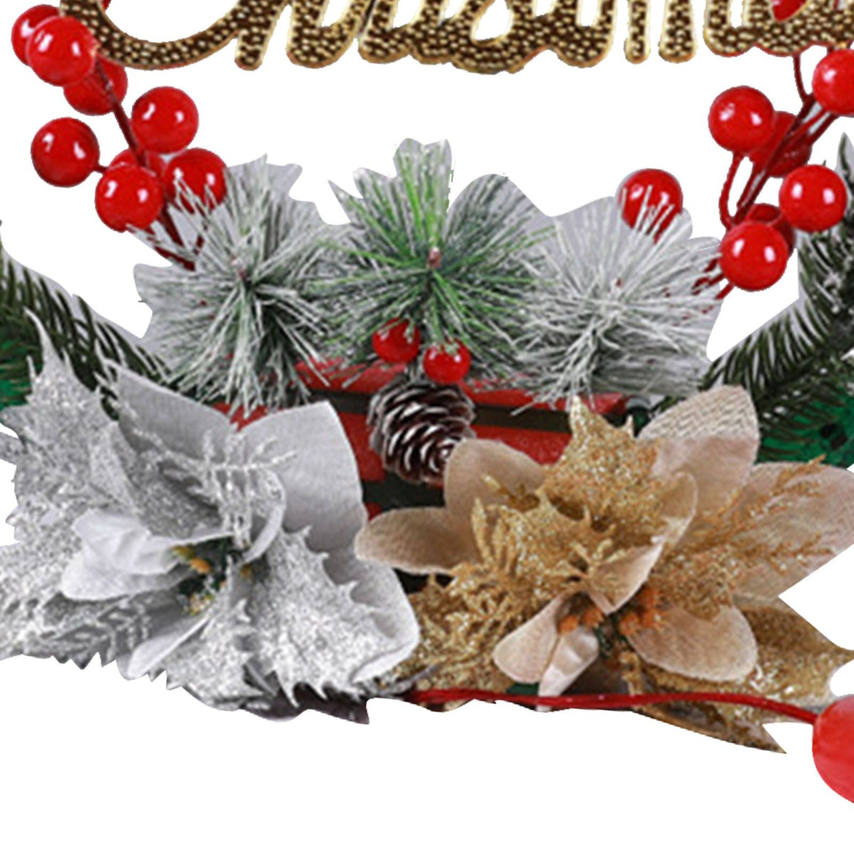 Christmas Wreath Light Decoration Artificial Red Berry Pine Needle LED Lighted Christmas Wreath Decor Gold Silver Flower