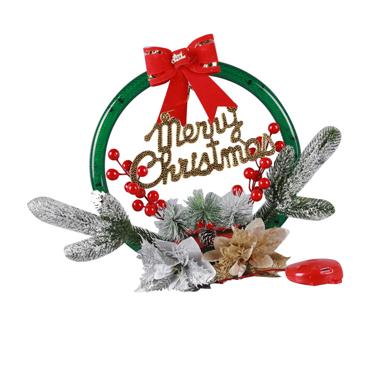 Christmas Wreath Light Decoration Artificial Red Berry Pine Needle LED Lighted Christmas Wreath Decor Gold Silver Flower