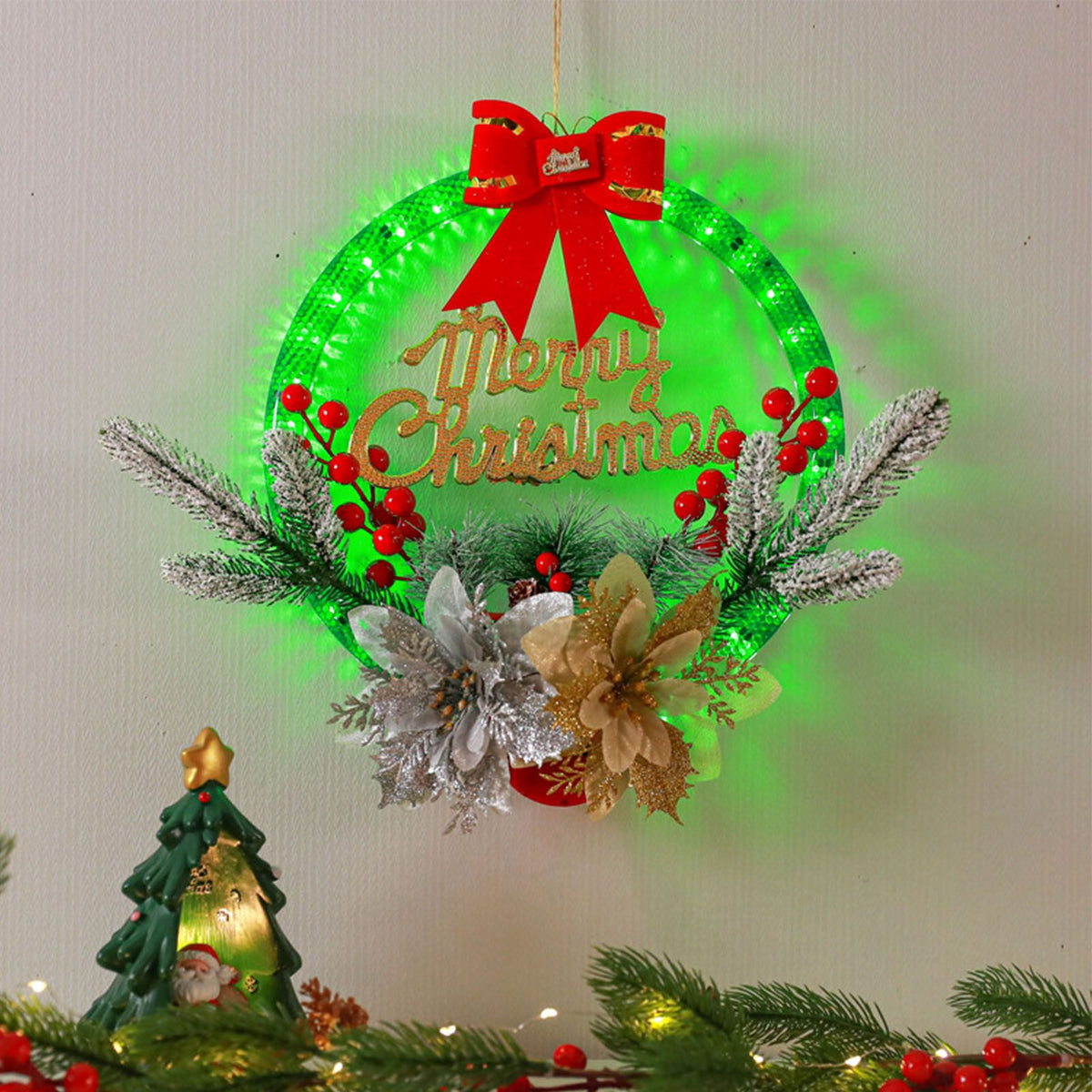 Christmas Wreath Light Decoration Artificial Red Berry Pine Needle LED Lighted Christmas Wreath Decor Gold Silver Flower