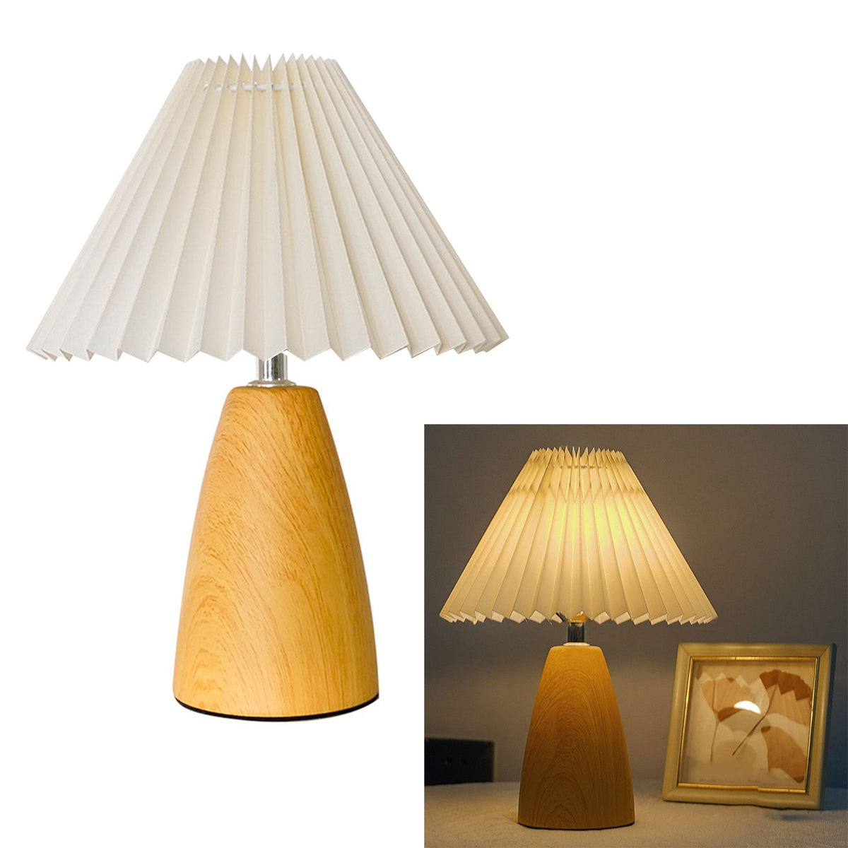 Table Lamp Pleated 3 Color Remote Control Dimmable Bedroom Bedside Night Light Retro Nordic Imitation Wood Grain creamy White