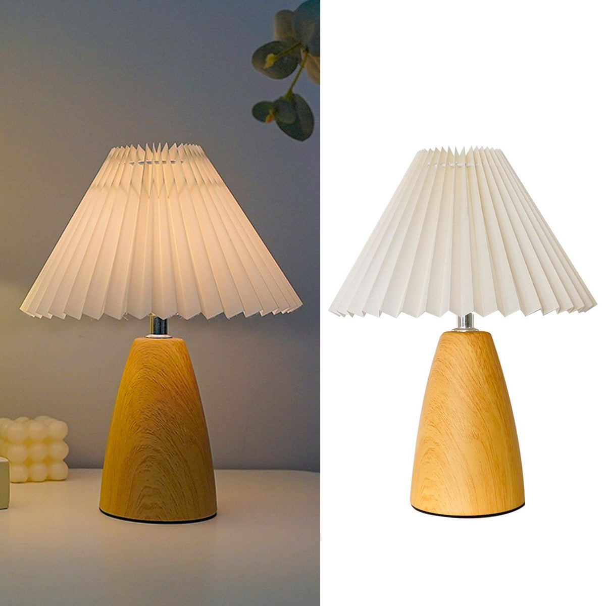 Table Lamp Pleated 3 Color Remote Control Dimmable Bedroom Bedside Night Light Retro Nordic Imitation Wood Grain creamy White