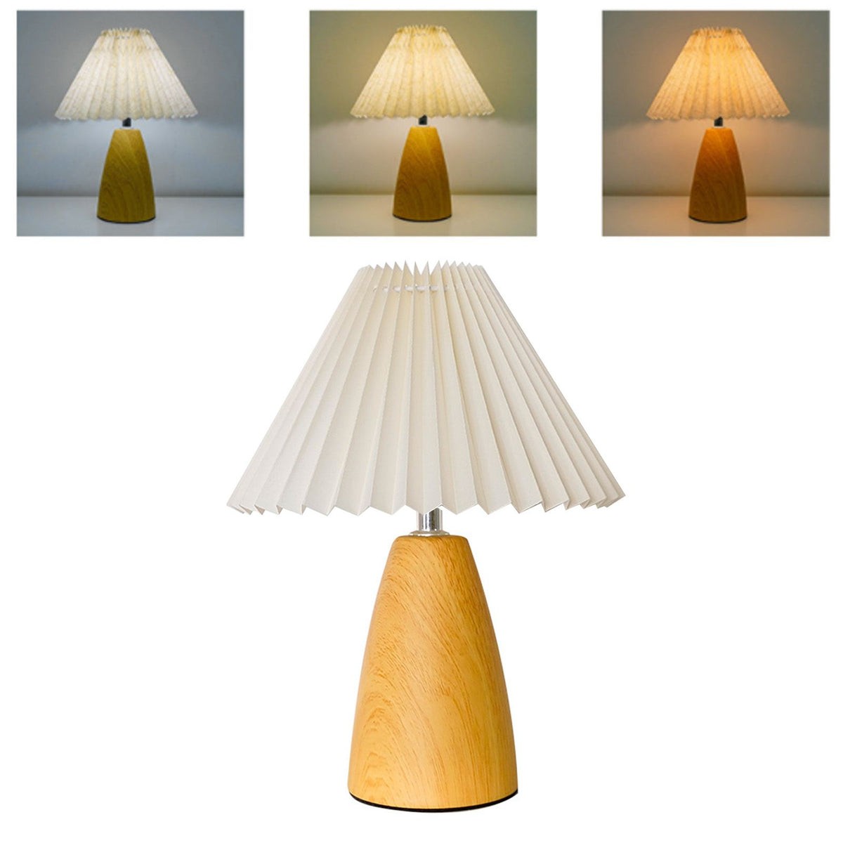 Table Lamp Pleated 3 Color Remote Control Dimmable Bedroom Bedside Night Light Retro Nordic Imitation Wood Grain creamy White