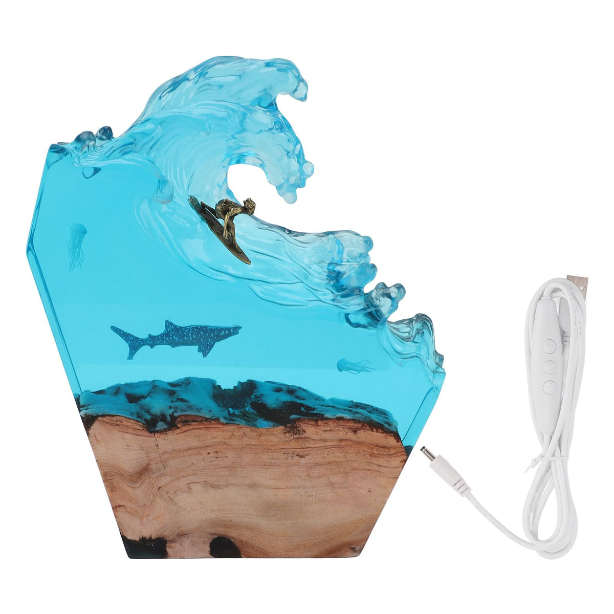 LED Ocean Surfing Night Light Synthetic Resin Wooden Handmade Bedside Table Lamp 3D Desk Art Ornament for Office Bedroom Decor