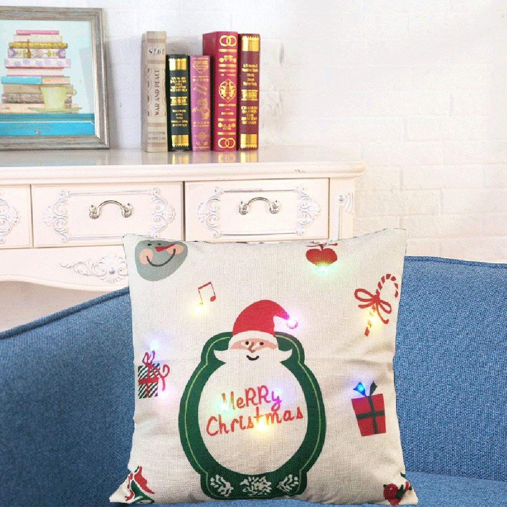 18 * 18 inches / 45 * 45cm Linen Colorful LED Light Merry Christmas Cushion Cover Decorative Sofa Car Throw Pillow Case Pillowcase Christmas Window Bedside Decor with Zipper Closure