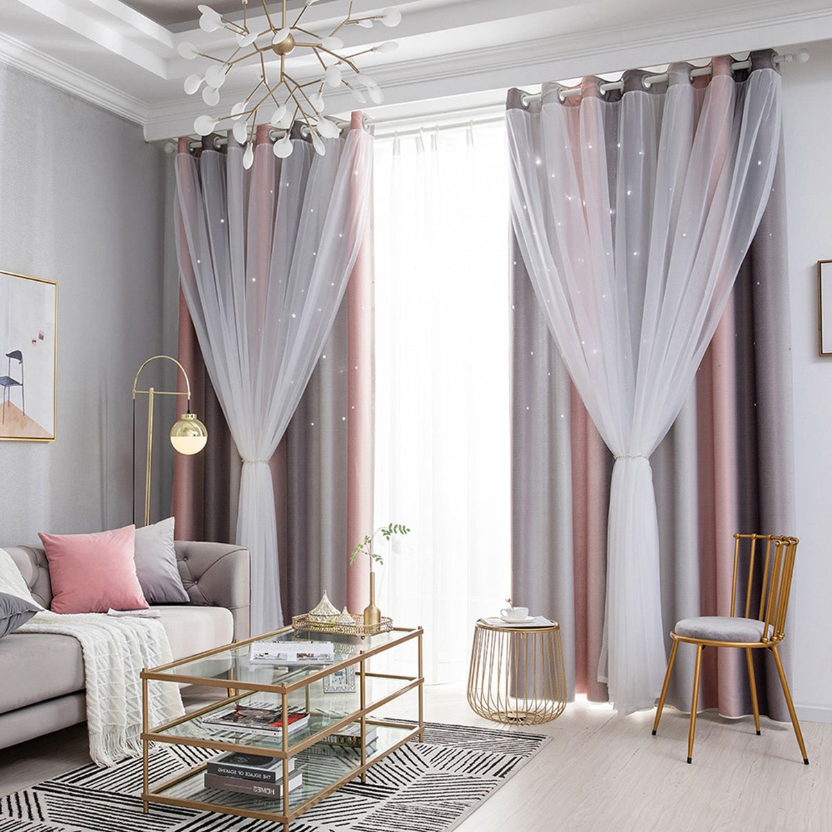 Star Curtains Stars Blackout Curtains for Kids Girls Bedroom Living Room Colorful Double Layer Star Window Curtains, 1 Panels (40''W x 52''L，Grey)