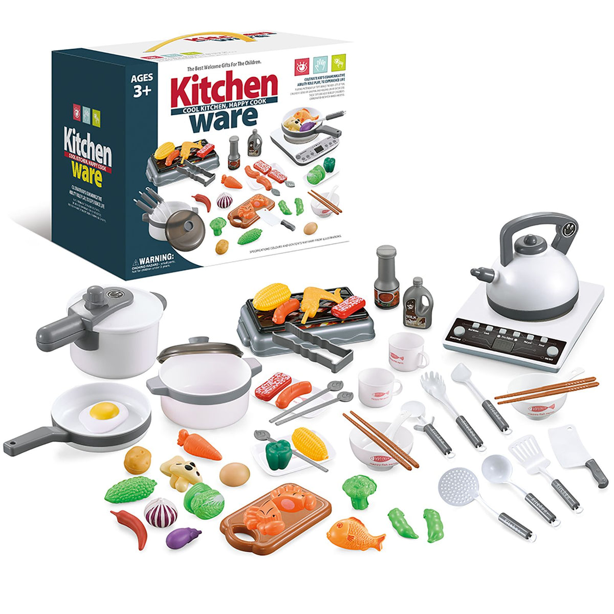 52PCS Kitchen Play Kids Pretend Playset with Cookware Pots and Pans Set Play Food Fruits Cooking Utensils Cutlery Early Educational Toys for Girls Boys Kids