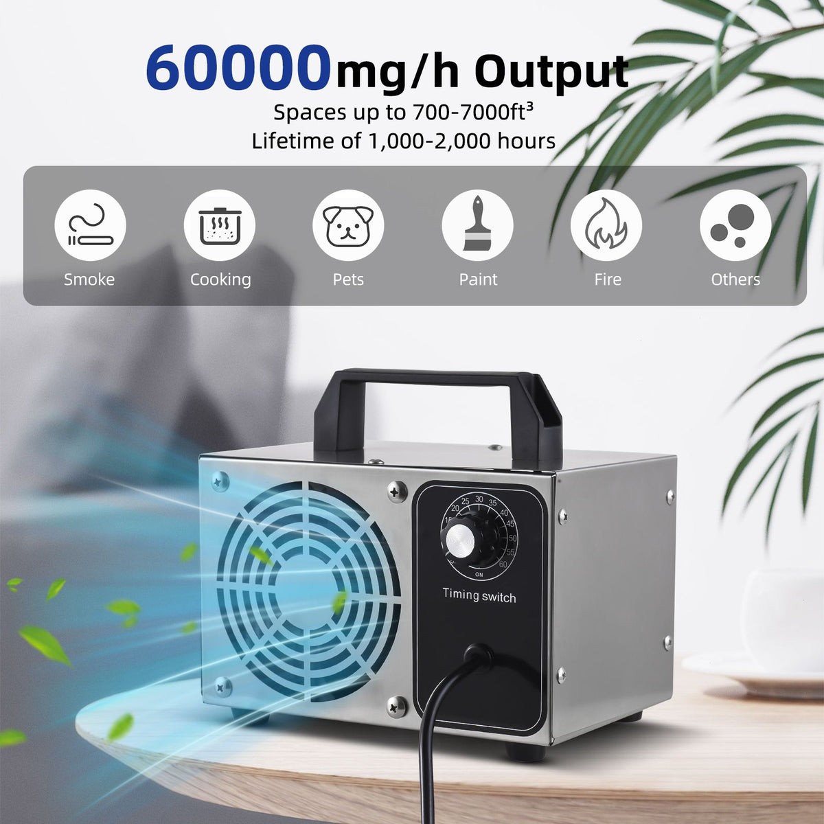 Ozone Generator 60,000mg/h Stainless Steel Ozone Machine Odor Removal Ionizer Air Purifier Ozone for Home Car Pet with Portable Handle 0-60min Timer