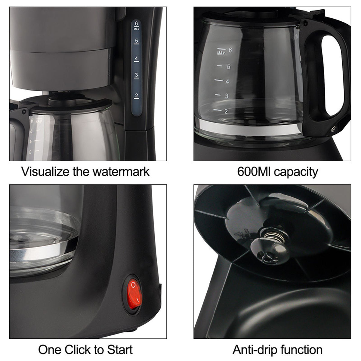 Electric Coffee Maker Drip Coffee Machine with 600ml/20.3oz Coffee Pot Espresso Maker 600W Heating Coffee Tea Pot with Anti-drip Function Ergonomic Handle Visible Pot Marked with Scales