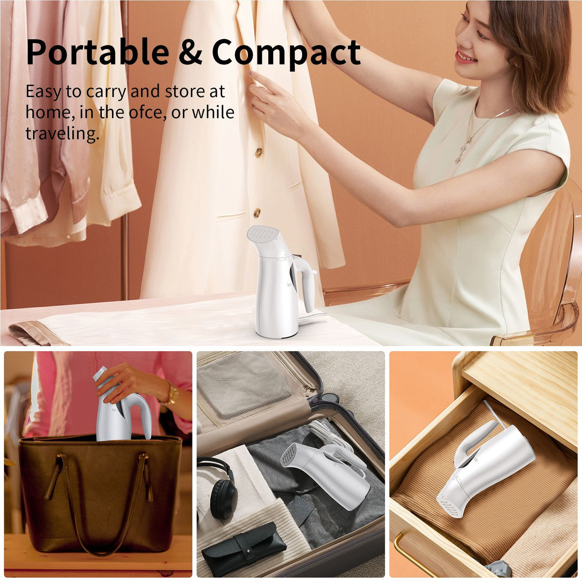 Portable Steamer for Clothes Handheld 140℃/284℉ High Temperature Steam 170ml/5.7oz Water Tank 700W High Power 40s Fast Heat Strong Penetrating Garment Steamer Removes Wrinkle for Home Office Travel