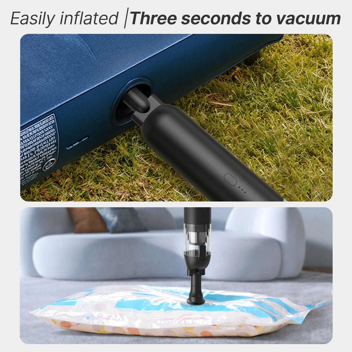 Portable Vacuum Cleaner with Cleaning Inflating and Deflating Nozzle 2 Gear Rechargeable Cordless Mini Vacuum Cleaner with Storage Charging Base Removable Dust Cup for Home Sofa Keyboards Car interior Air Mattress