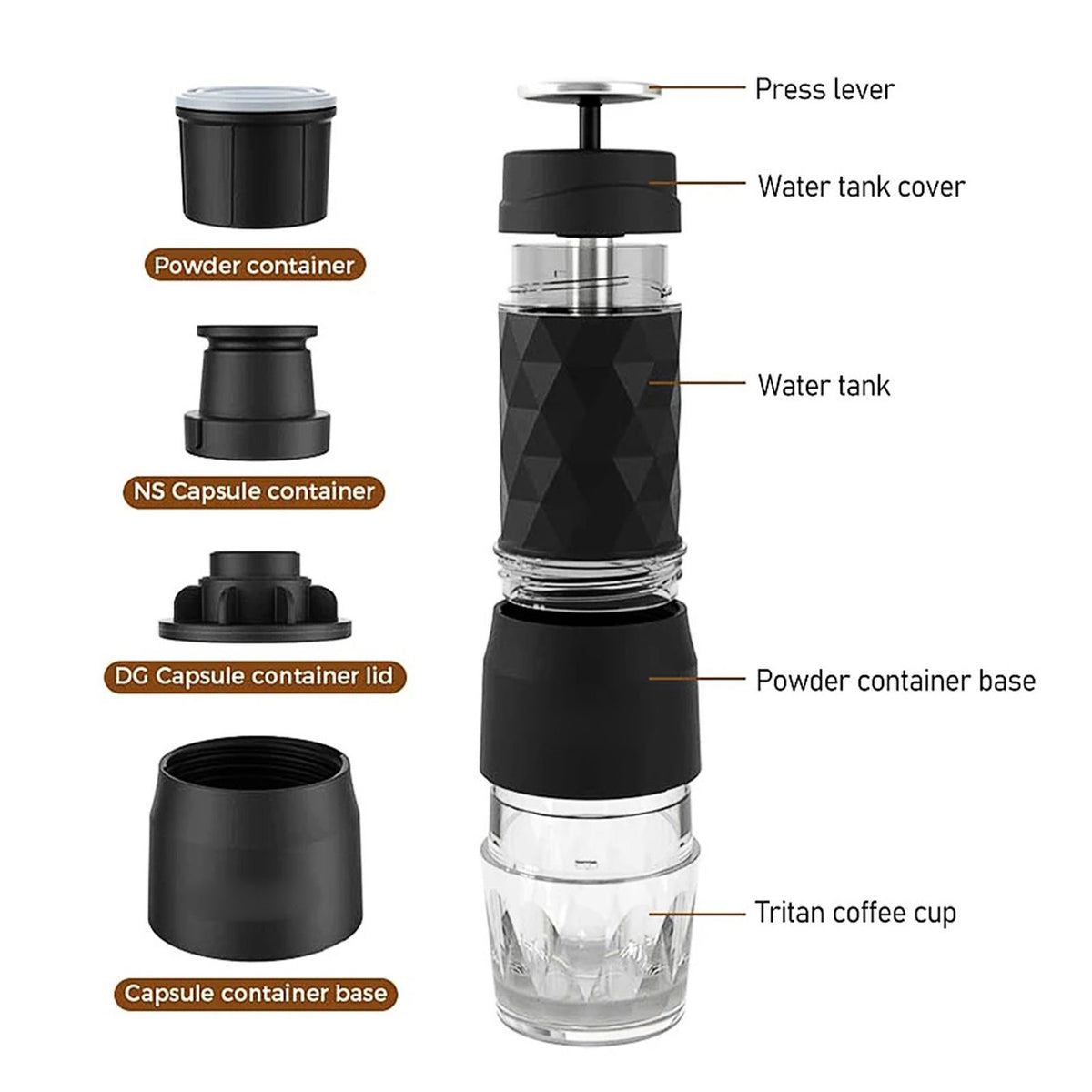 CAFELFFE 3-in-1 Portable Manual Espresso Coffee Machine 18Bar Cold and Hot Brew Mini Coffee Maker with Milk Foam Press Lever 120ml Cup Work with DG/NES Capsule and Ground Coffee