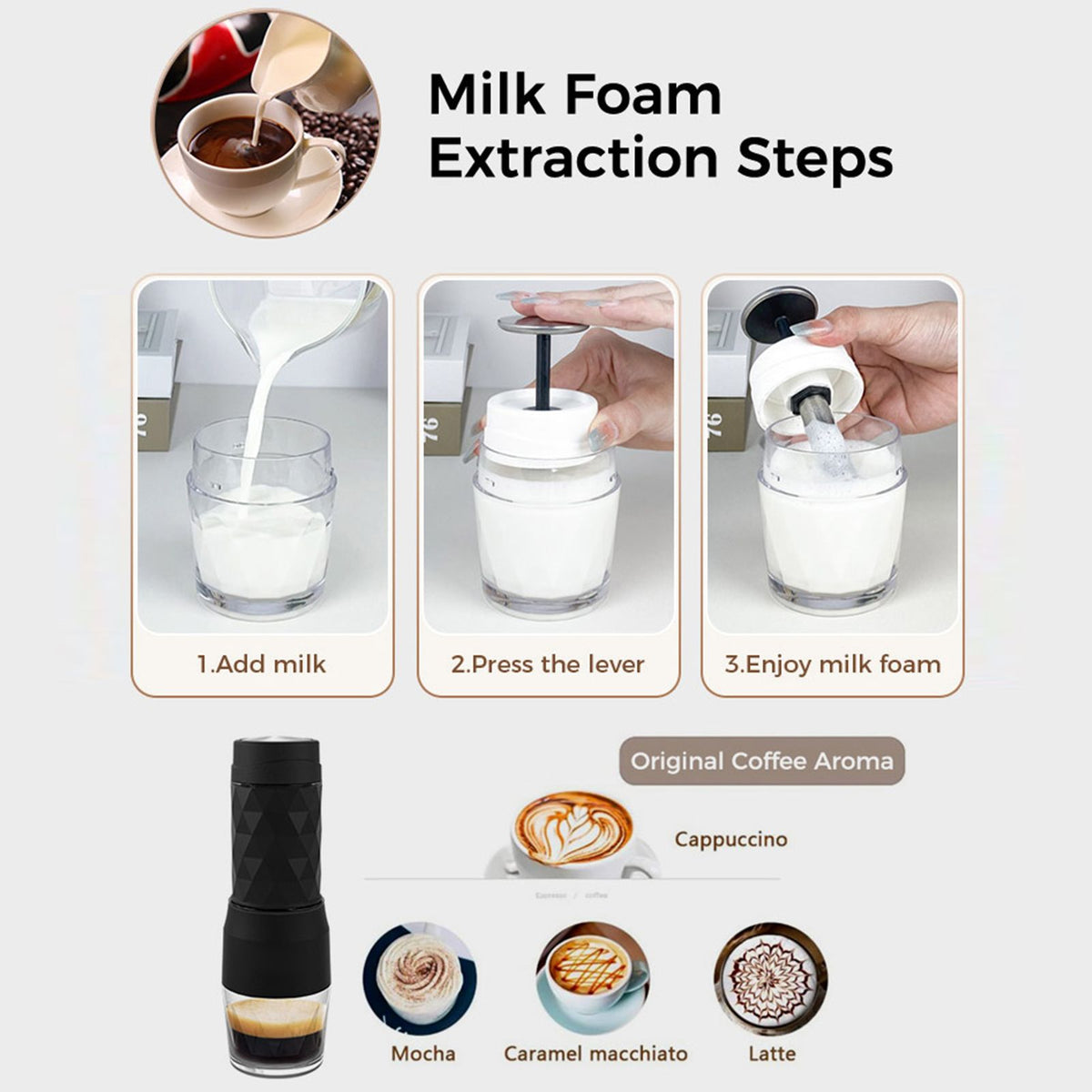 CAFELFFE 3-in-1 Portable Manual Espresso Coffee Machine 18Bar Cold and Hot Brew Mini Coffee Maker with Milk Foam Press Lever 120ml Cup Work with DG/NES Capsule and Ground Coffee