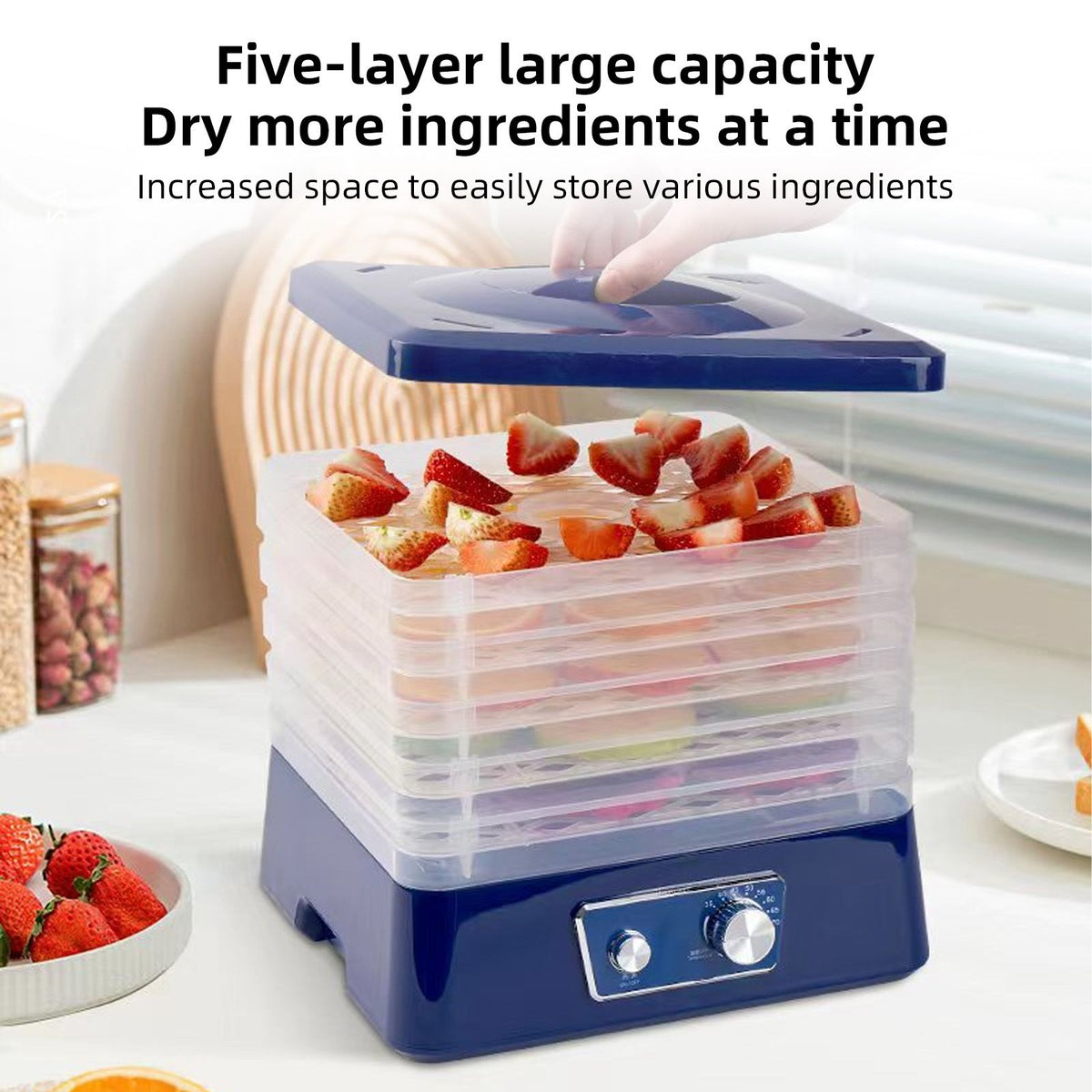 Dehydrators for Food and Jerky with 5 Drying Racks 95-158℉ 8 Gears Temperature Adjustable Vegetable Fruit Dehydrator with Large Knob Control and Clear Food Grade PP Grill Rack