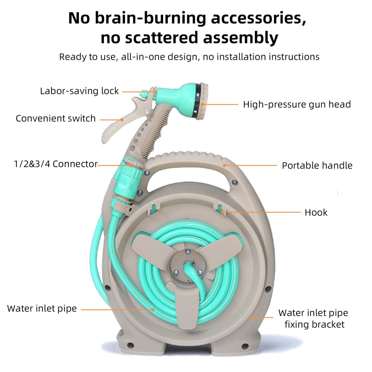 Retractable Garden Hose Reel with 6-in-1 Sprayer Nozzle 49Ft Hose Portable Water Hose Reels with Auto Spray Lock and Pipe Storage Bracket Standard 1/2-3/4'' Pipe Connector for Watering Cleaning