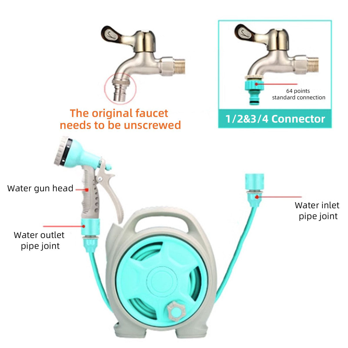 Retractable Garden Hose Reel with 6-in-1 Sprayer Nozzle 49Ft Hose Portable Water Hose Reels with Auto Spray Lock and Pipe Storage Bracket Standard 1/2-3/4'' Pipe Connector for Watering Cleaning