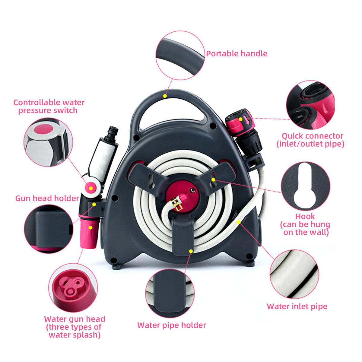 Retractable Garden Hose Reel 37.7Ft Portable Water Hose Reels for Outside with 3-in-1 Sprayer Nozzle Auto Spray Lock and Pipe Storage Bracket for Watering Cleaning