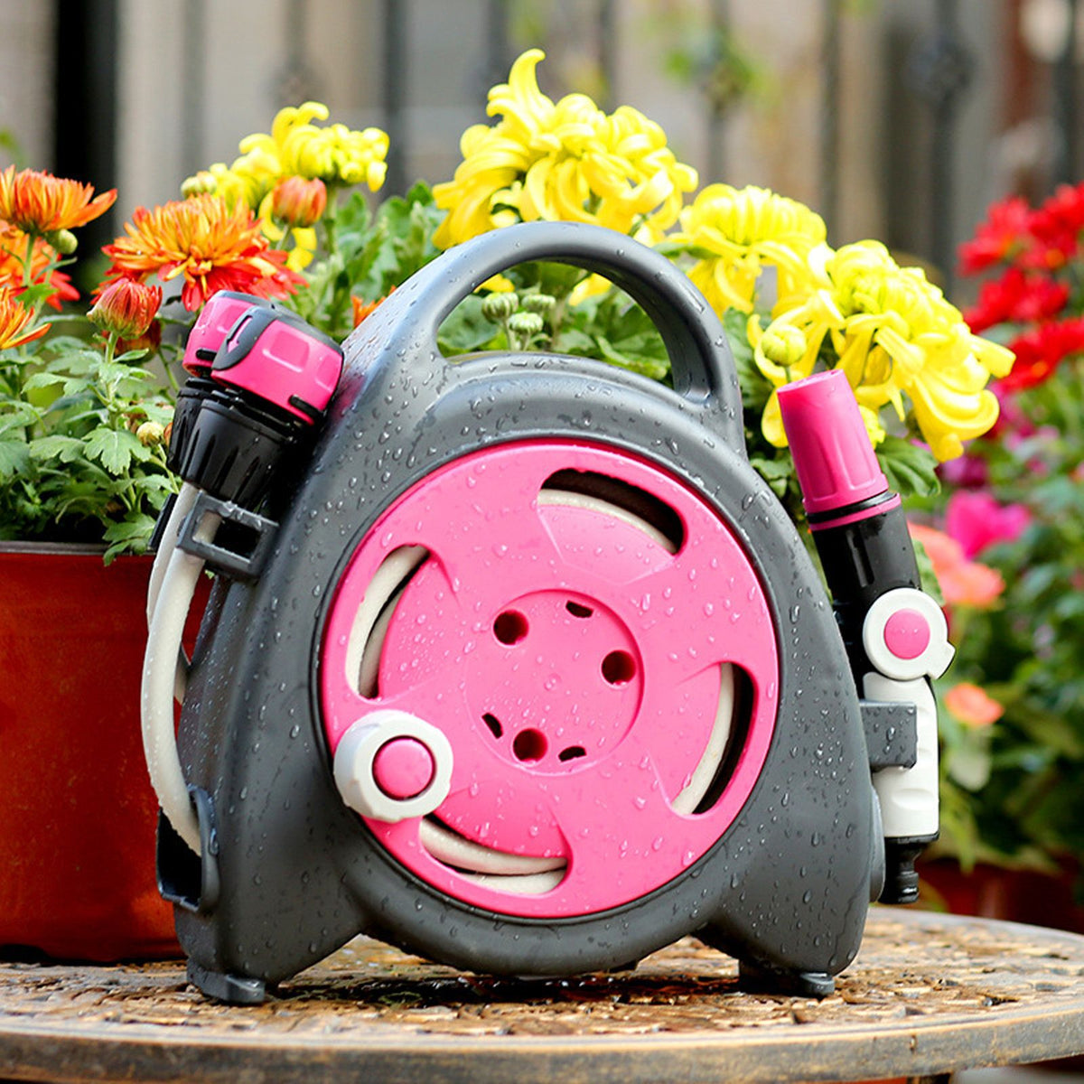 Retractable Garden Hose Reel 37.7Ft Portable Water Hose Reels for Outside with 3-in-1 Sprayer Nozzle Auto Spray Lock and Pipe Storage Bracket for Watering Cleaning