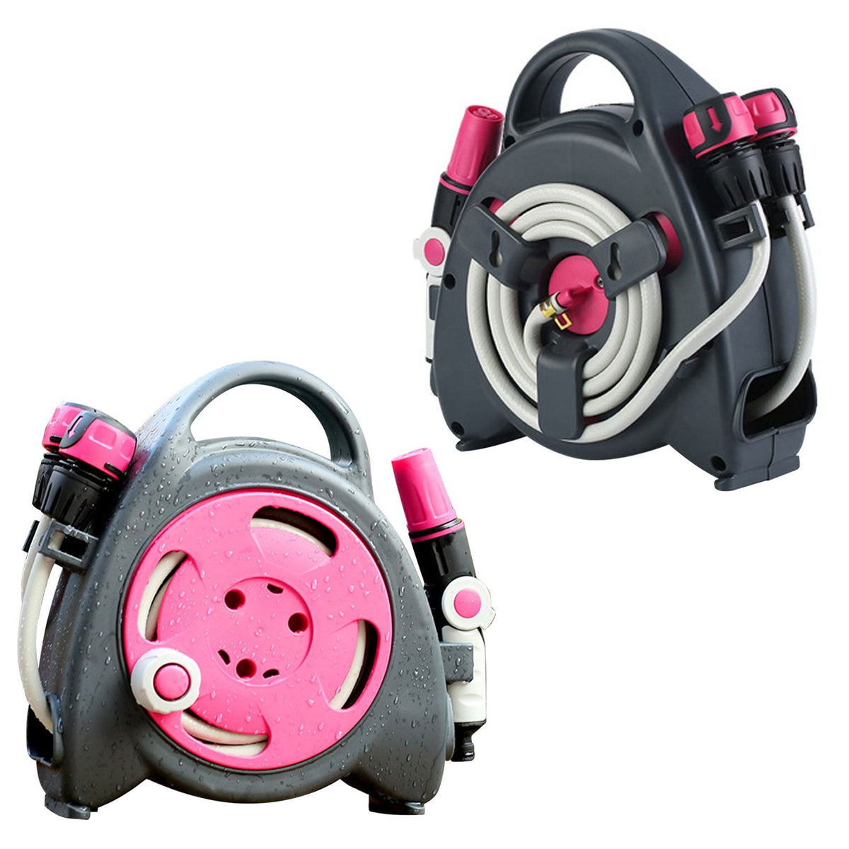 Retractable Garden Hose Reel 37.7Ft Portable Water Hose Reels for Outside with 3-in-1 Sprayer Nozzle Auto Spray Lock and Pipe Storage Bracket for Watering Cleaning