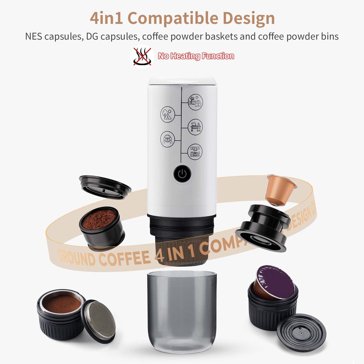 4-in-1 Portable Espresso Coffee Maker Work with NES/DG Capsule and Ground Coffee Cordless 17Bar Rechargeable Electric Coffee Machine Built-in 2600mAh Battery for Home Car Travel(No Self Heating)