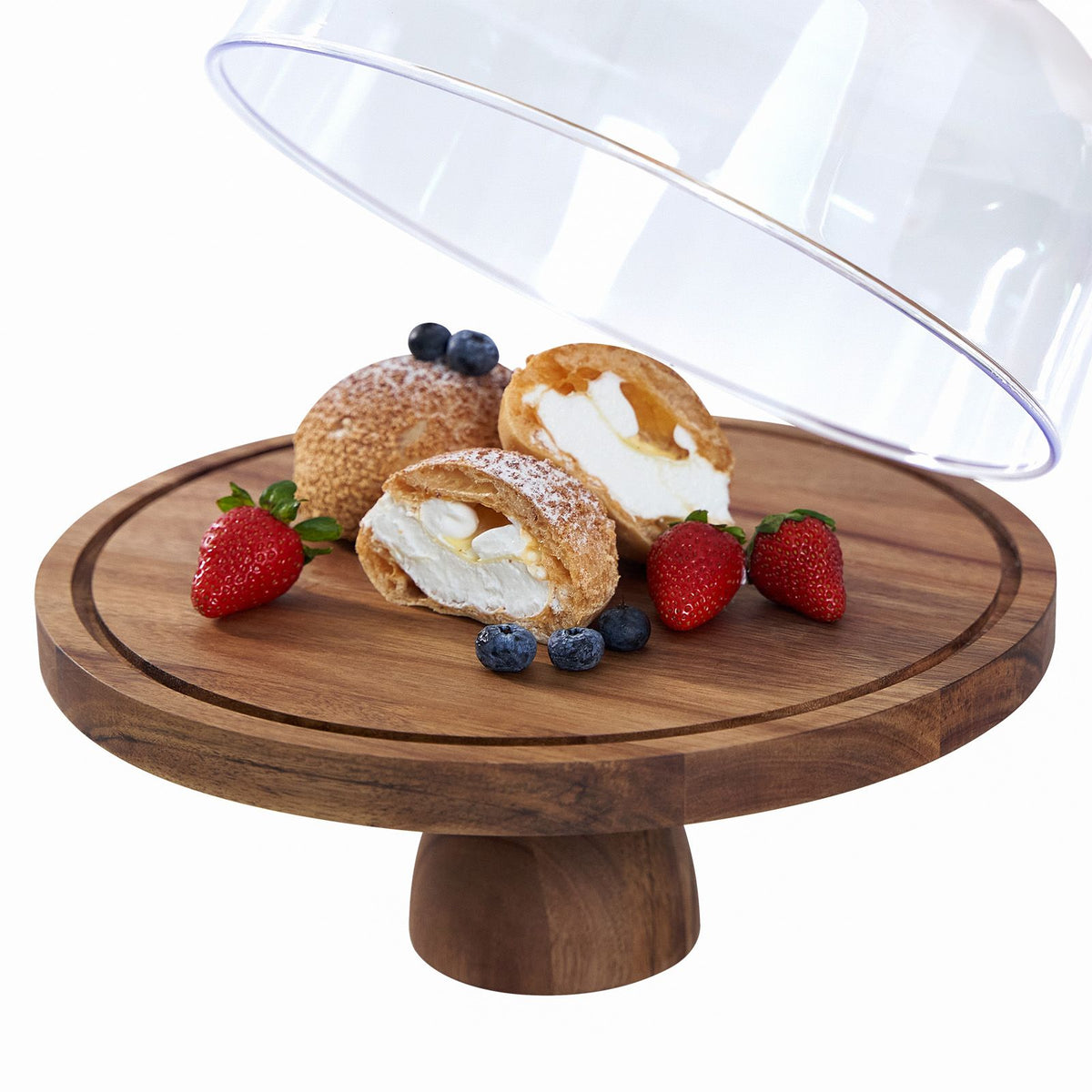 Cake Stand with Lid Multi-Functional Double Side Design 12in Round Cake Holder Wood 2-in-1 Dessert Table Display Set Charcuterie Board with Large Acrylic Cake Dome Cover for Cheese Fruit Platter