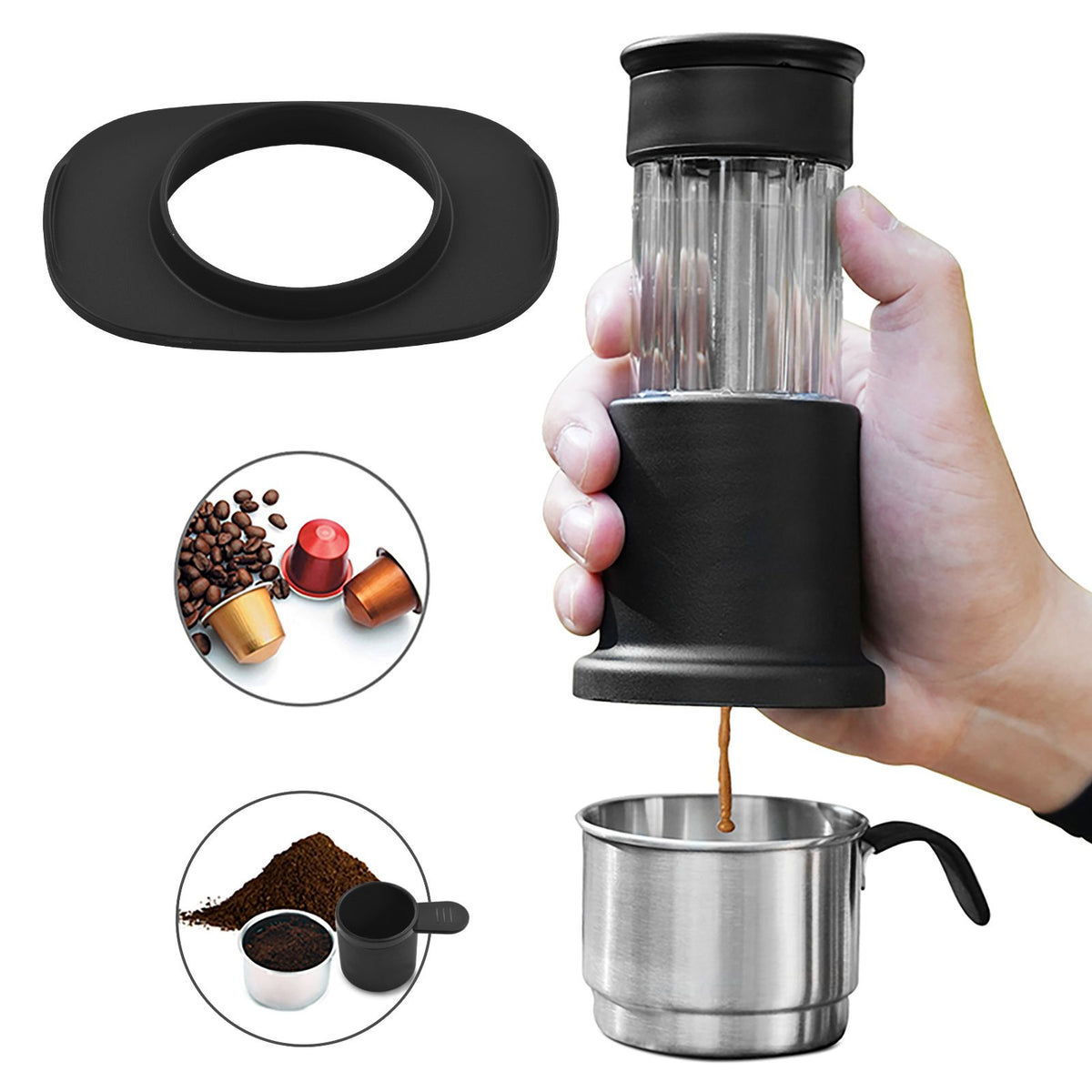 Portable Coffee Maker 2 in 1 Travel Coffee Machine Compatible NES Capsule and Ground Coffee Manual Hand Press Coffee Maker with 120ml Stainless Steel Cup 80ml Water Tank Cup Adapter Bracket
