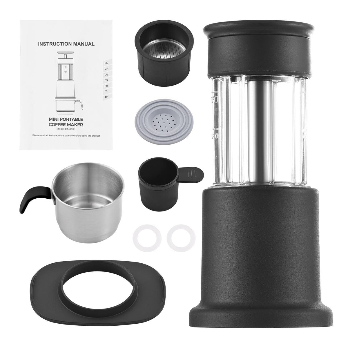 Portable Coffee Maker 2 in 1 Travel Coffee Machine Compatible NES Capsule and Ground Coffee Manual Hand Press Coffee Maker with 120ml Stainless Steel Cup 80ml Water Tank Cup Adapter Bracket