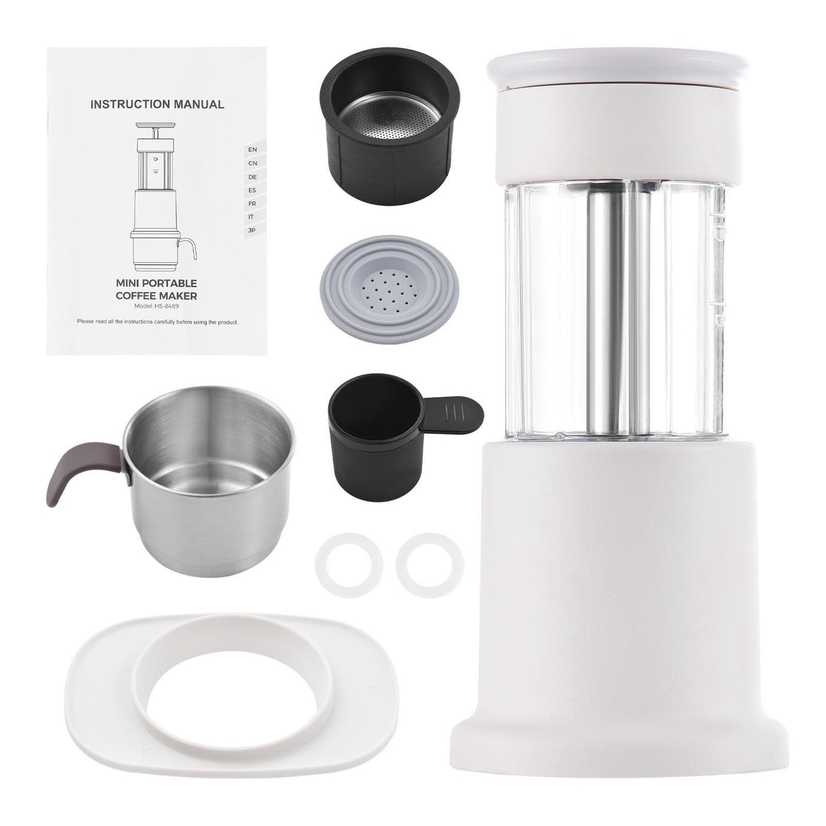 Portable Coffee Maker 2 in 1 Travel Coffee Machine Compatible NES Capsule and Ground Coffee Manual Hand Press Coffee Maker with 120ml Stainless Steel Cup 80ml Water Tank Cup Adapter Bracket