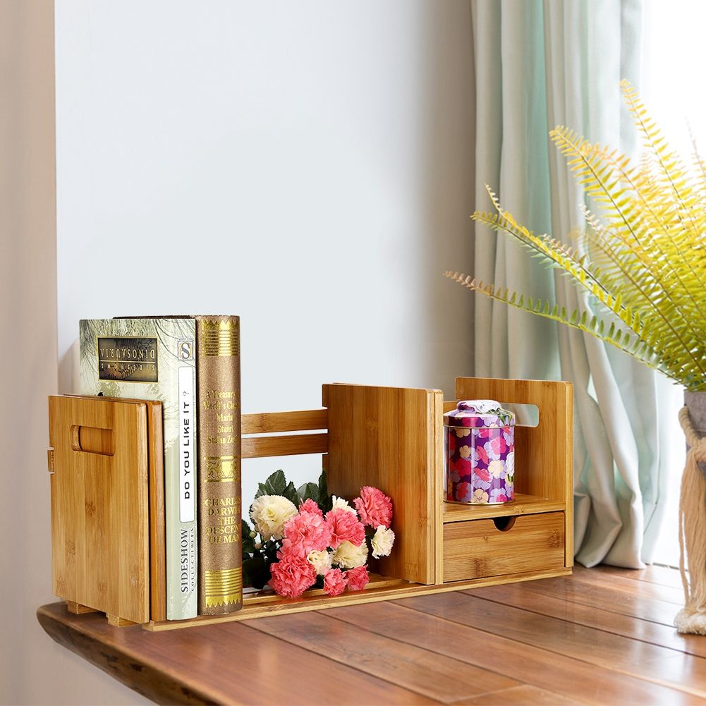 Bamboo Adjustable Bookshelf Book Storage Organizer with Single Drawer for Bedroom Office
