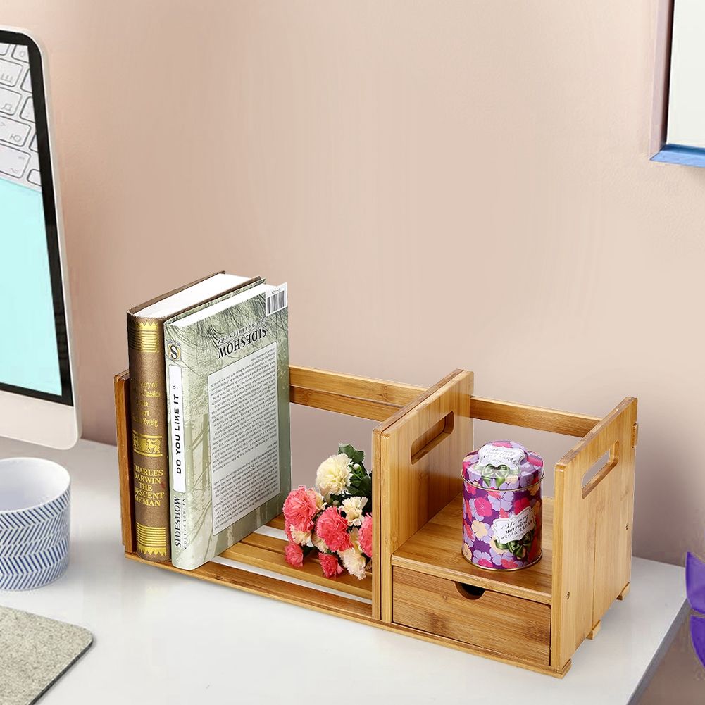 Bamboo Adjustable Bookshelf Book Storage Organizer with Single Drawer for Bedroom Office