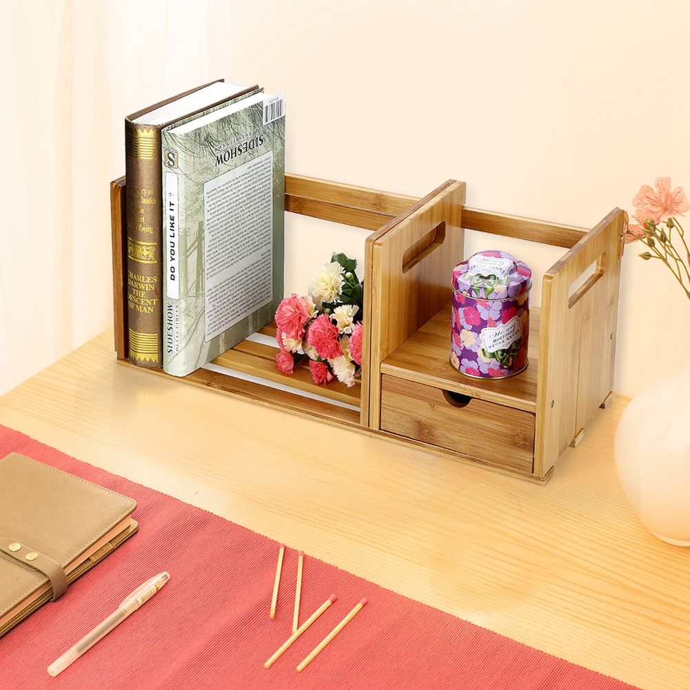 Bamboo Adjustable Bookshelf Book Storage Organizer with Single Drawer for Bedroom Office