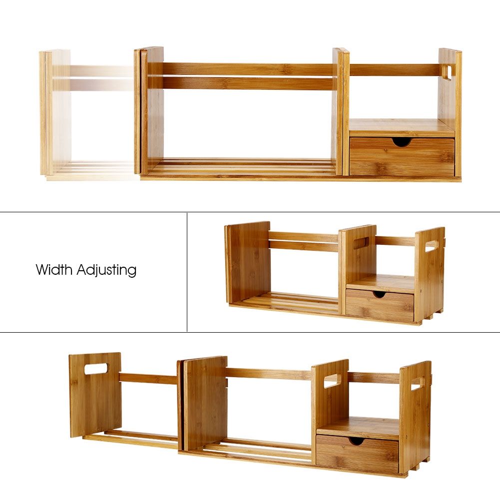 Bamboo Adjustable Bookshelf Book Storage Organizer with Single Drawer for Bedroom Office