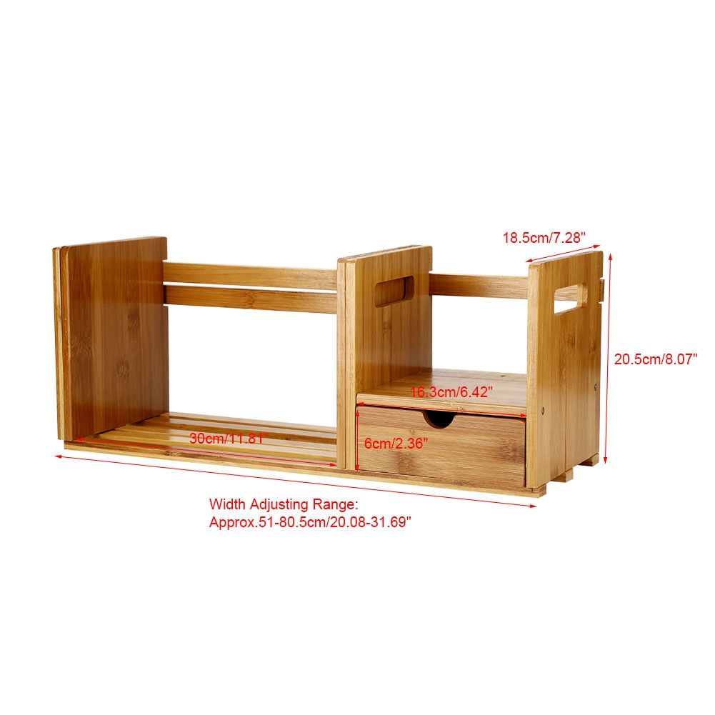 Bamboo Adjustable Bookshelf Book Storage Organizer with Single Drawer for Bedroom Office