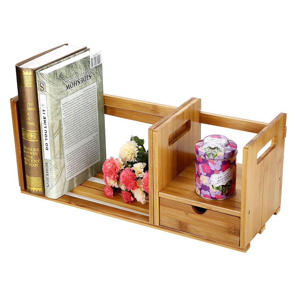 Bamboo Adjustable Bookshelf Book Storage Organizer with Single Drawer for Bedroom Office