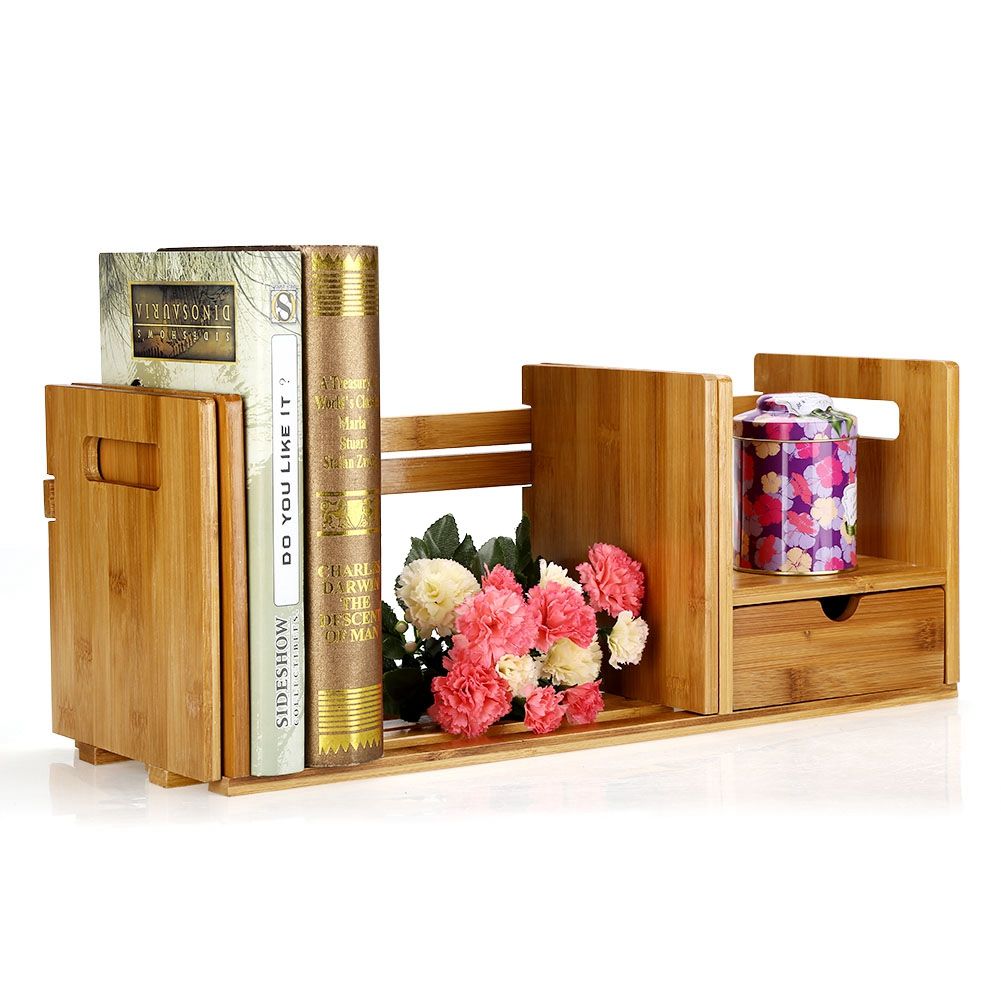 Bamboo Adjustable Bookshelf Book Storage Organizer with Single Drawer for Bedroom Office