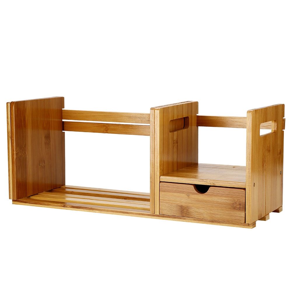 Bamboo Adjustable Bookshelf Book Storage Organizer with Single Drawer for Bedroom Office