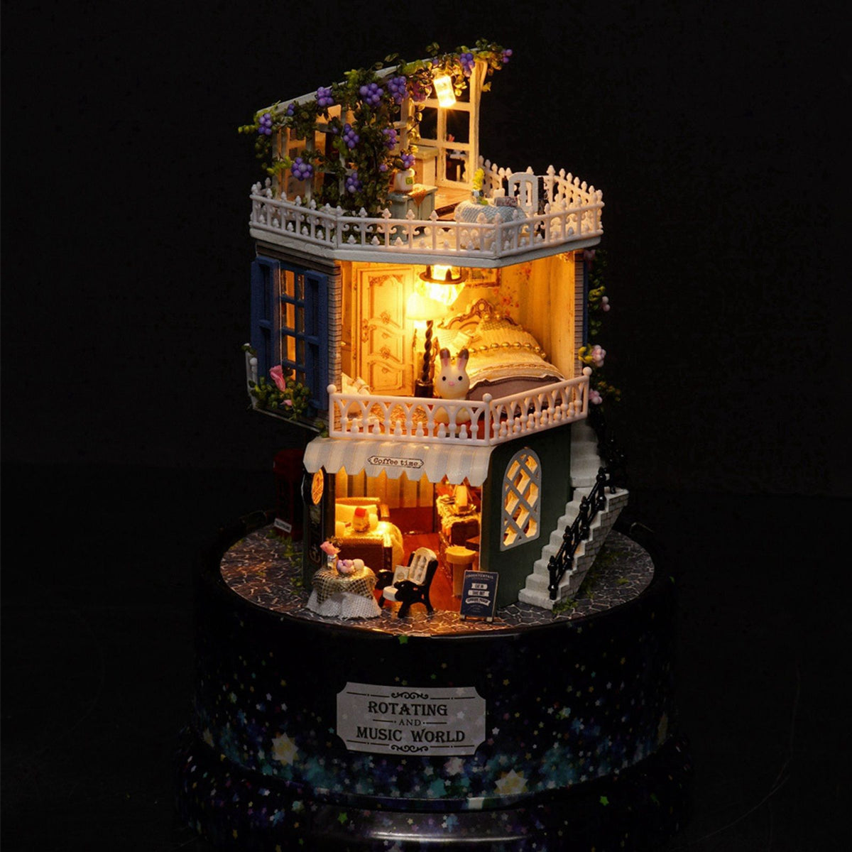 Creative DIY Dollhouse Dream House Miniature with Rotate Music Box Dust Cover LED Light