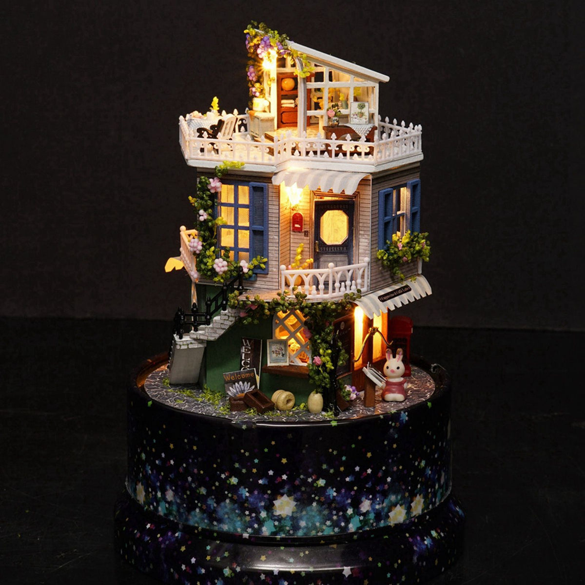 Creative DIY Dollhouse Dream House Miniature with Rotate Music Box Dust Cover LED Light
