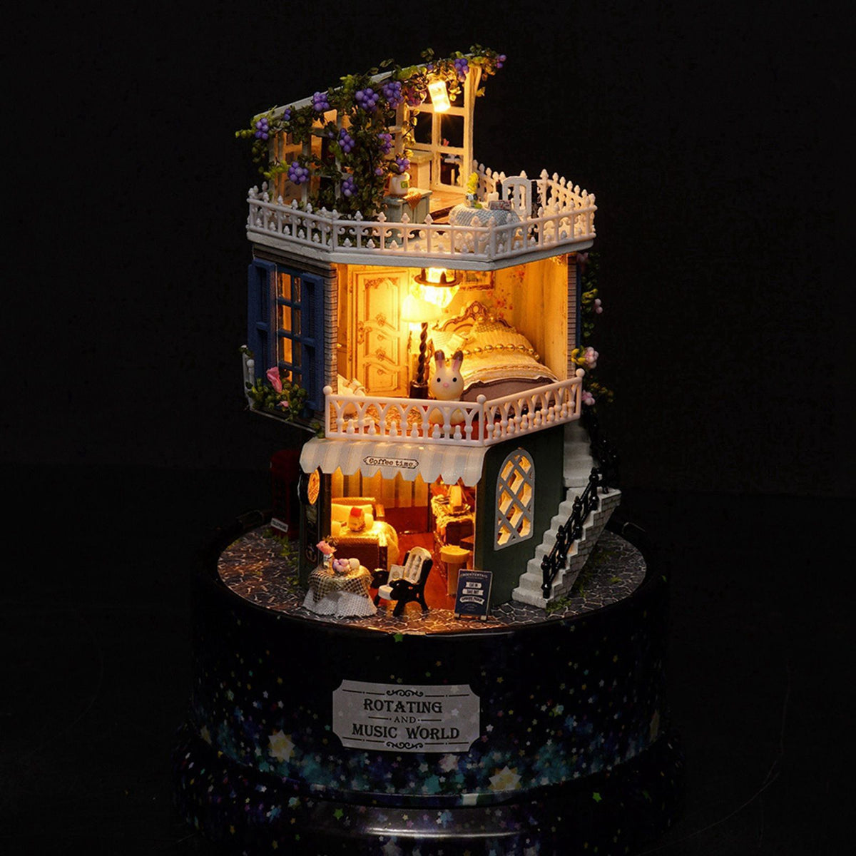 Creative DIY Dollhouse Dream House Miniature with Rotate Music Box Dust Cover LED Light