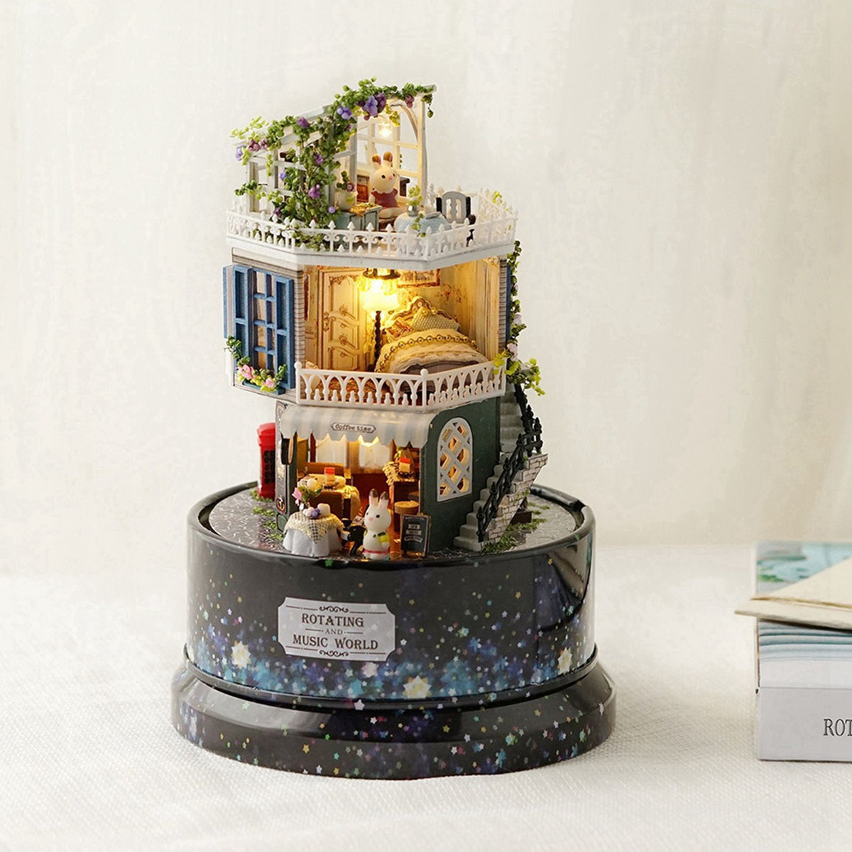 Creative DIY Dollhouse Dream House Miniature with Rotate Music Box Dust Cover LED Light
