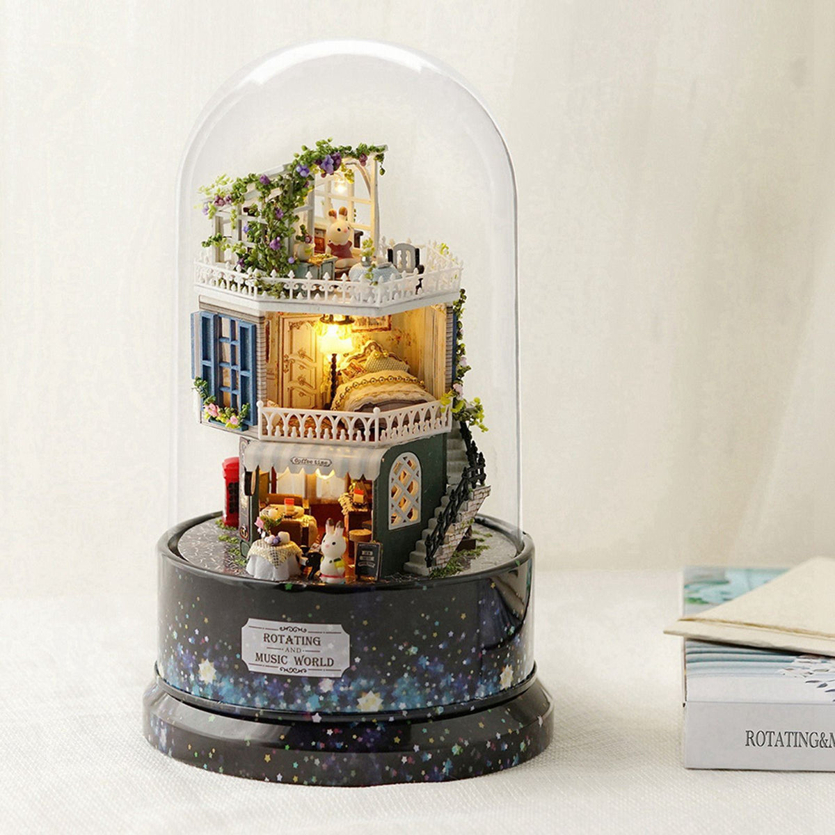 Creative DIY Dollhouse Dream House Miniature with Rotate Music Box Dust Cover LED Light