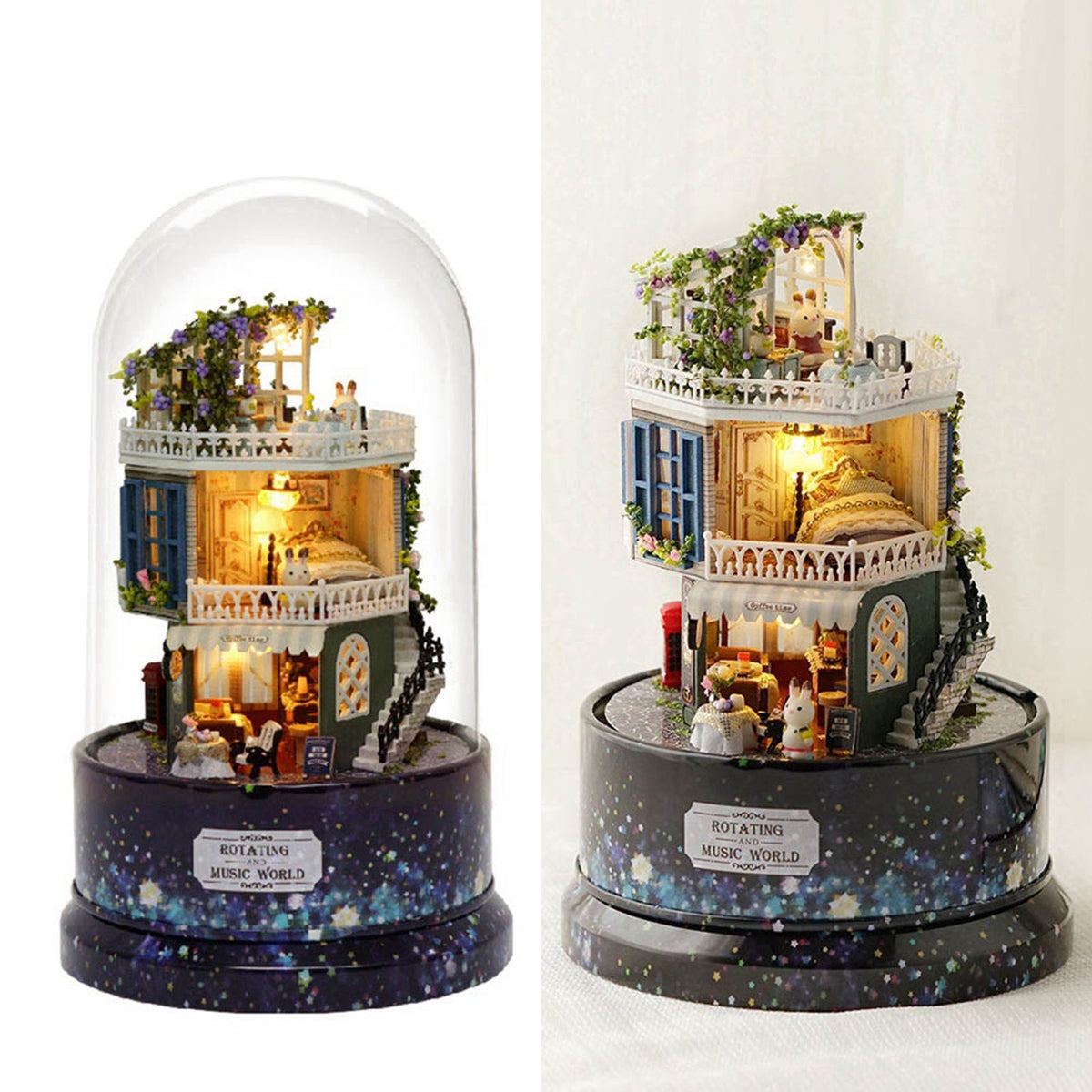 Creative DIY Dollhouse Dream House Miniature with Rotate Music Box Dust Cover LED Light