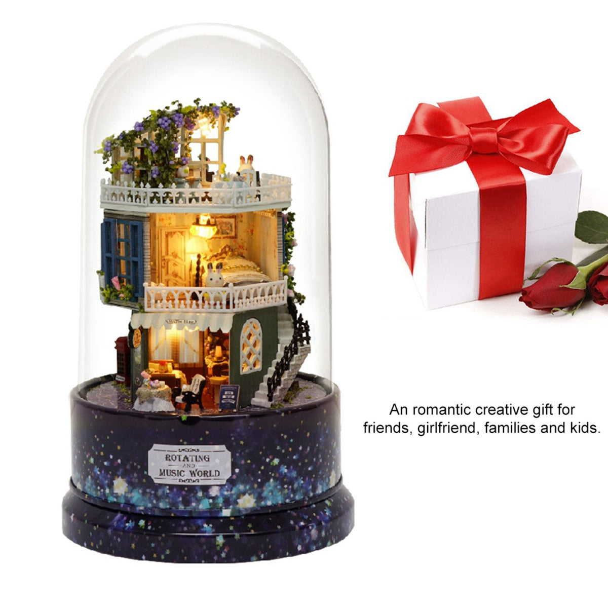 Creative DIY Dollhouse Dream House Miniature with Rotate Music Box Dust Cover LED Light