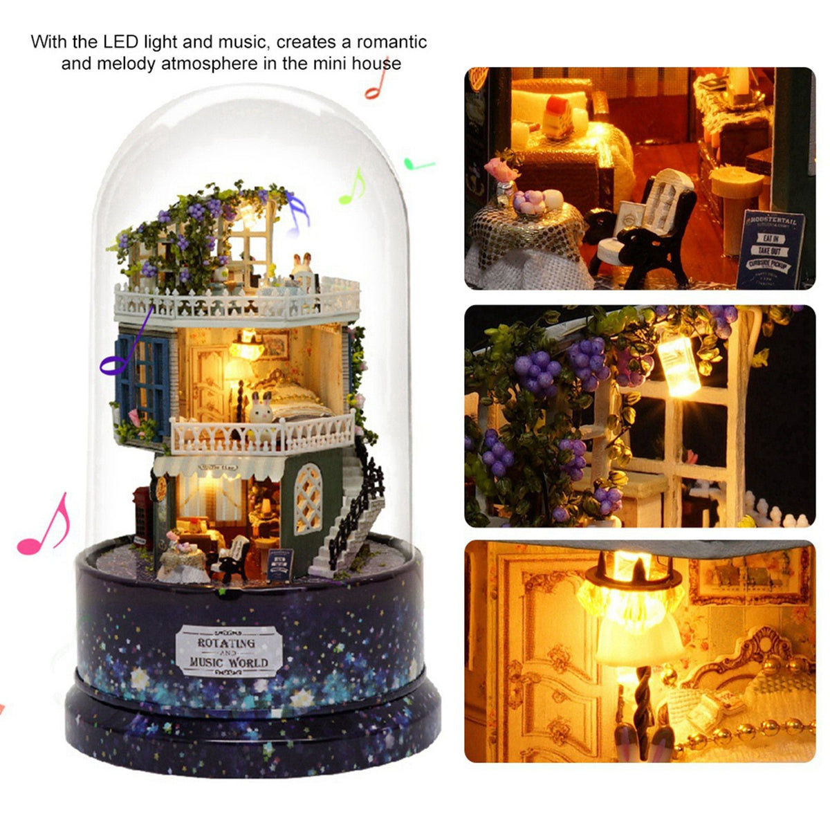 Creative DIY Dollhouse Dream House Miniature with Rotate Music Box Dust Cover LED Light