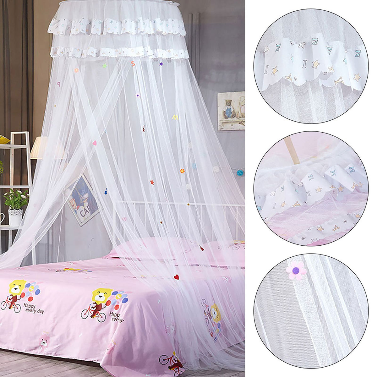 Round Canopy Lace Princess Style Mosquito Net Bed Curtain for Children Bed (White)