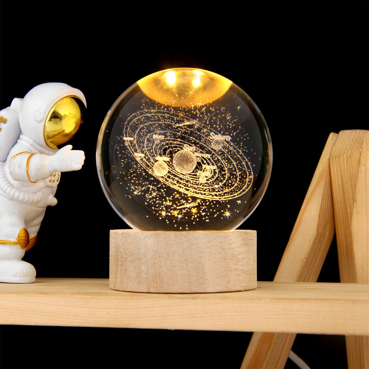 3D Crystal Ball with Warm Light Wooden Base Small Night Light Desktop Decoration Ornaments Holiday Gift USB Plug and Play
