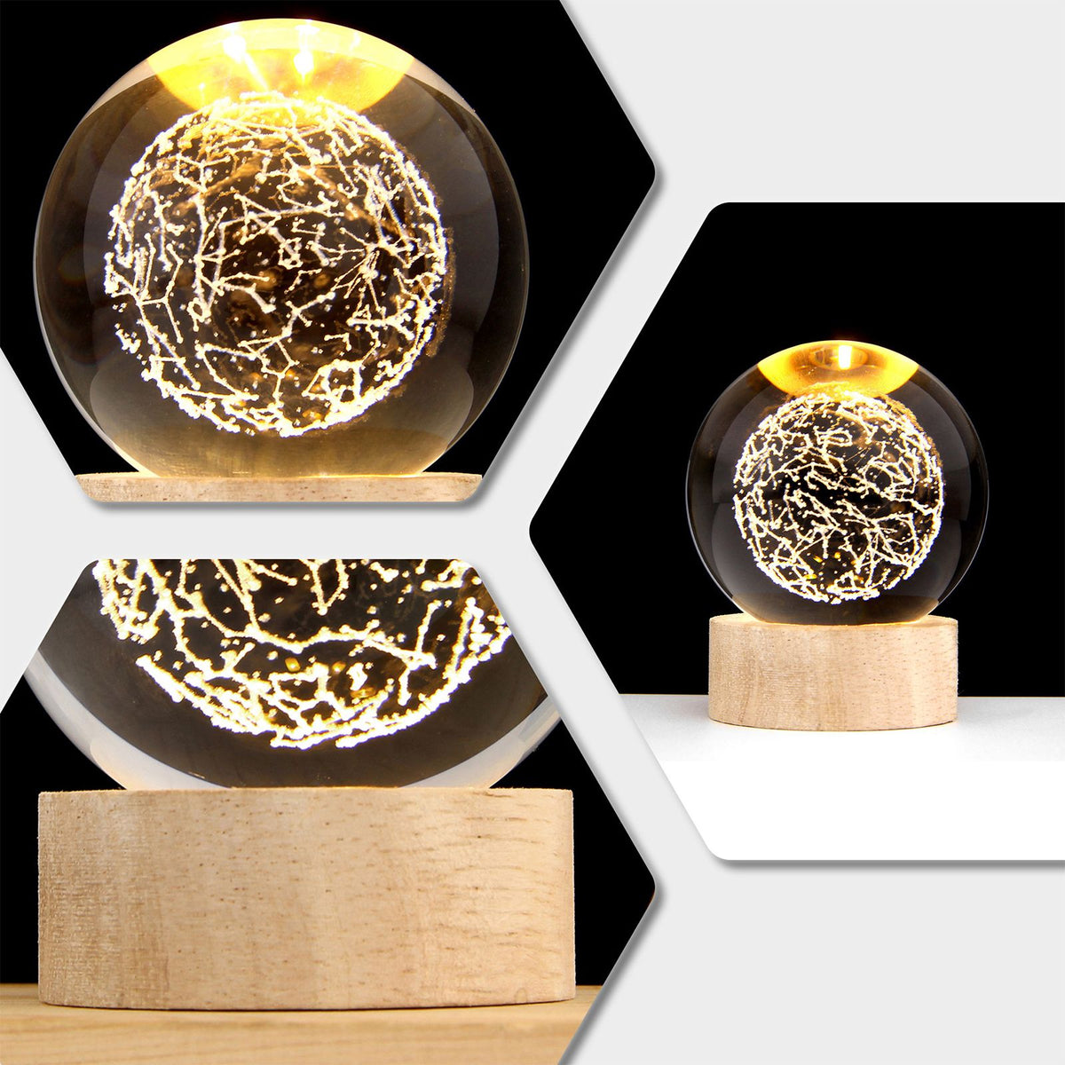 3D Crystal Ball with Warm Light Wooden Base Small Night Light Desktop Decoration Ornaments Holiday Gift USB Plug and Play