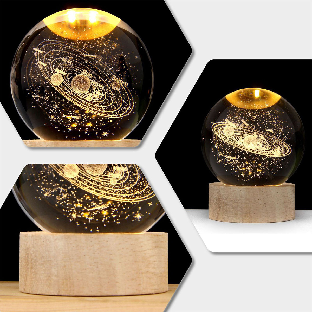 3D Crystal Ball with Warm Light Wooden Base Small Night Light Desktop Decoration Ornaments Holiday Gift USB Plug and Play