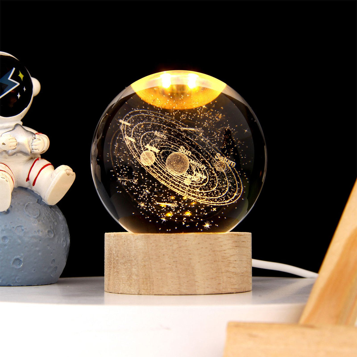 3D Crystal Ball with Warm Light Wooden Base Small Night Light Desktop Decoration Ornaments Holiday Gift USB Plug and Play